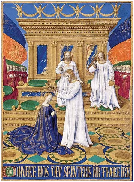 Jean Fouquet. Le couronnement de la Vierge par la Trinité. 1452-1460.  Pour les Heures d’Etienne Chevalier. Chantilly. Musée Condé. 